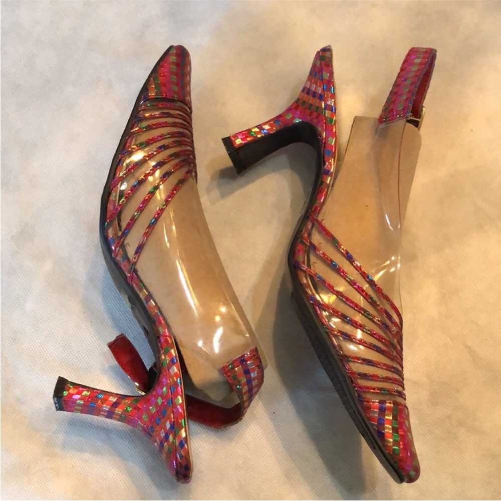 💓Amanda Vinyl & metallic ribbon back strap funky sandal heels